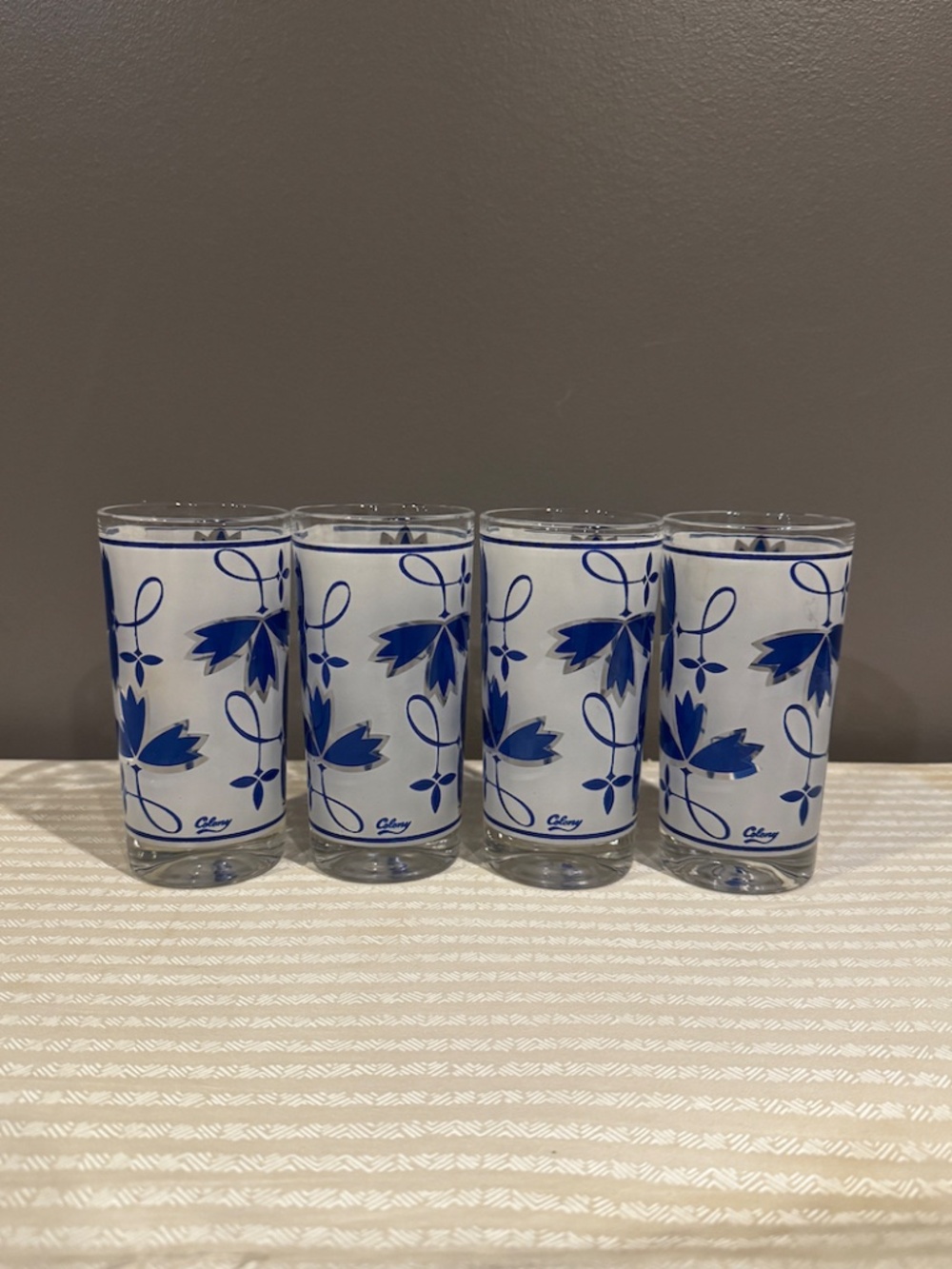 4 Vintage Colony Satin Frosted Blue Flower Leaf Tumblers Glasses Barware
